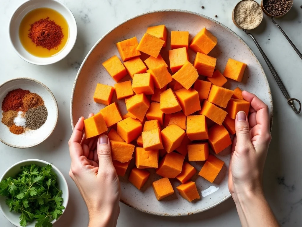 Ingredients for spiced sweet potatoes arranged for cooking