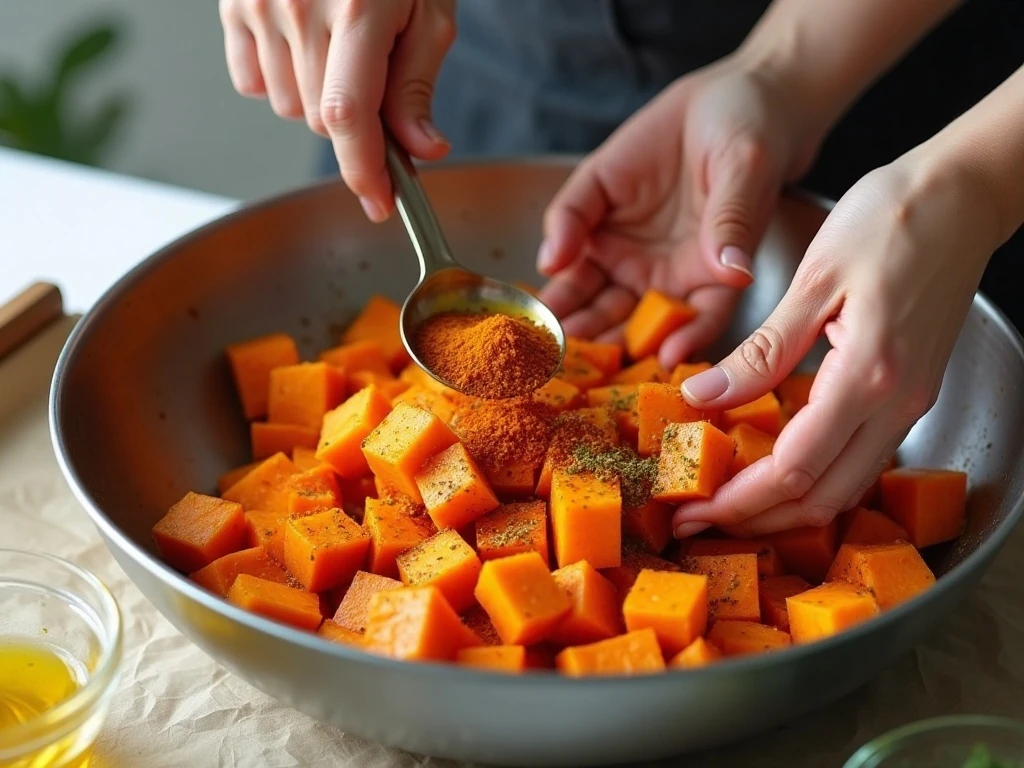 Sweet potatoes being tossed with oil and spices before roasting