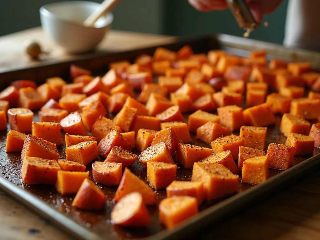 Seasoned sweet potatoes spaced on a baking sheet for browning