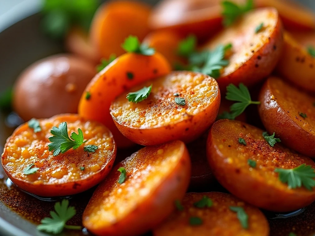 Garnished spiced sweet potatoes with caramelized edges