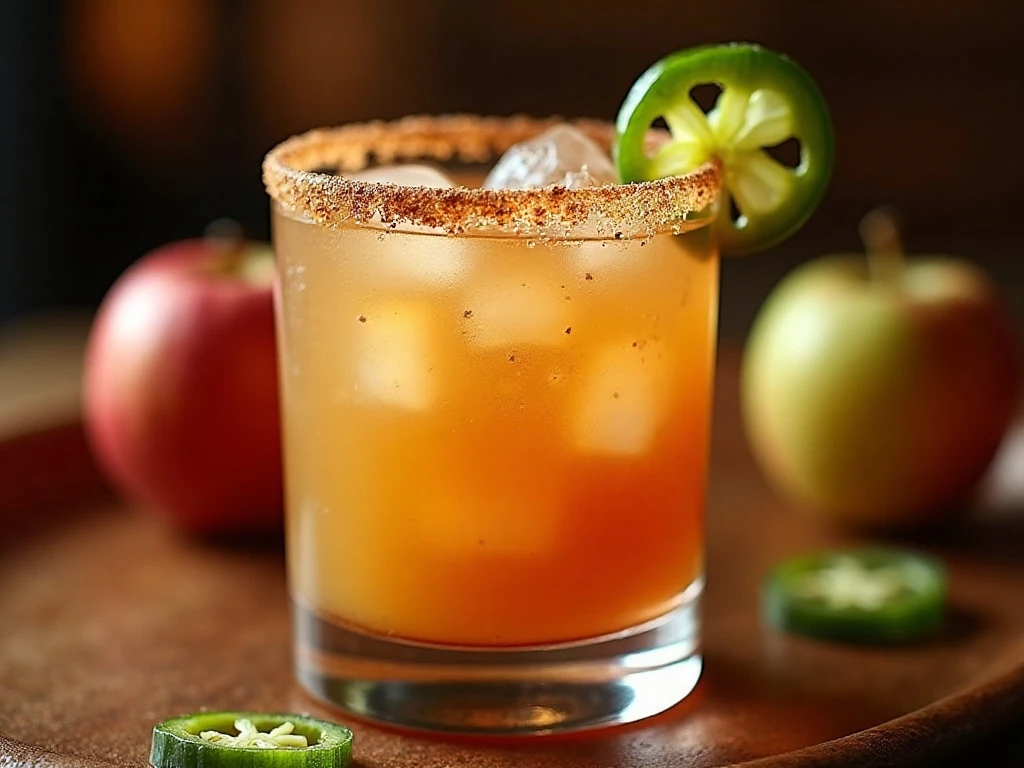 Spicy apple margarita with cinnamon-sugar rim and jalapeño garnish