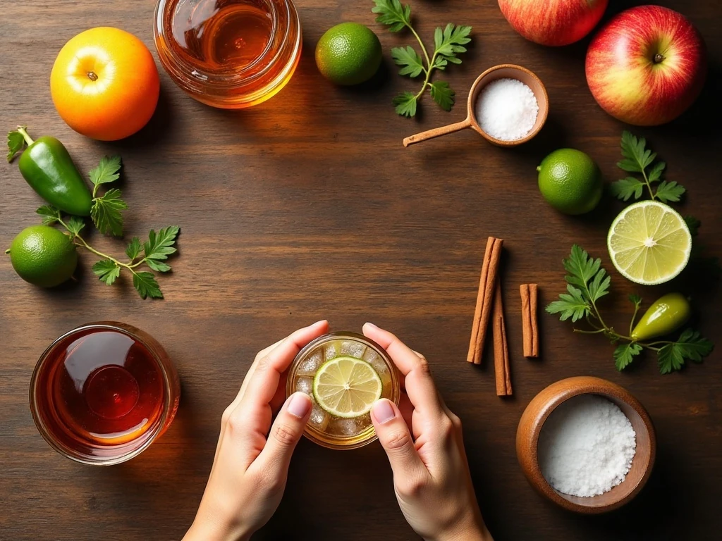 Ingredients for a spicy apple margarita arranged for preparation