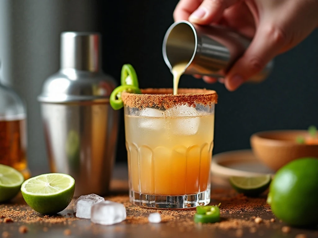 Preparing apple cider margarita ingredients in a cocktail shaker