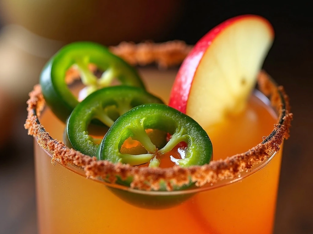 Jalapeño slices and garnish on a spicy apple margarita