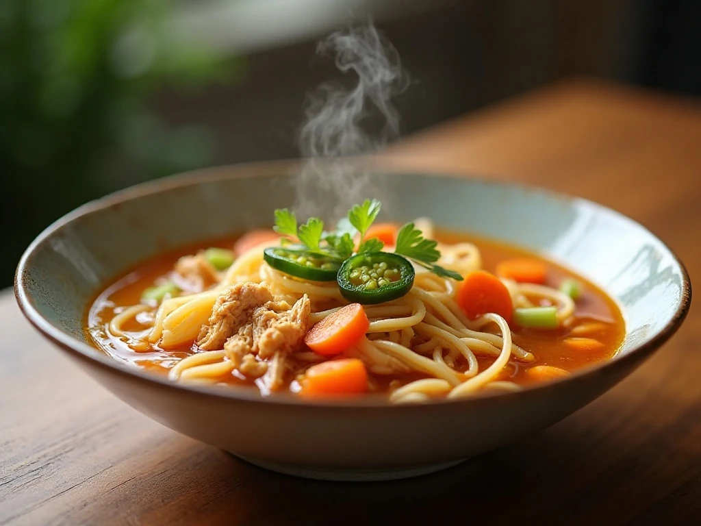 Bowl of homemade spicy chicken noodle soup with vegetables and egg noodles