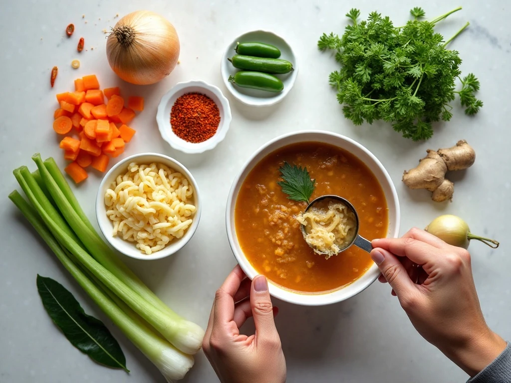 Ingredients for easy spicy chicken noodle soup arranged for cooking