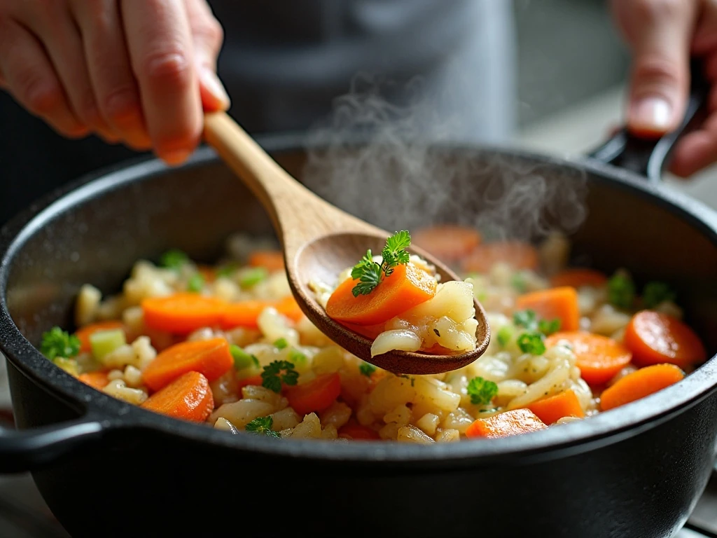 Vegetables and spicy aromatics cooking in a soup pot
