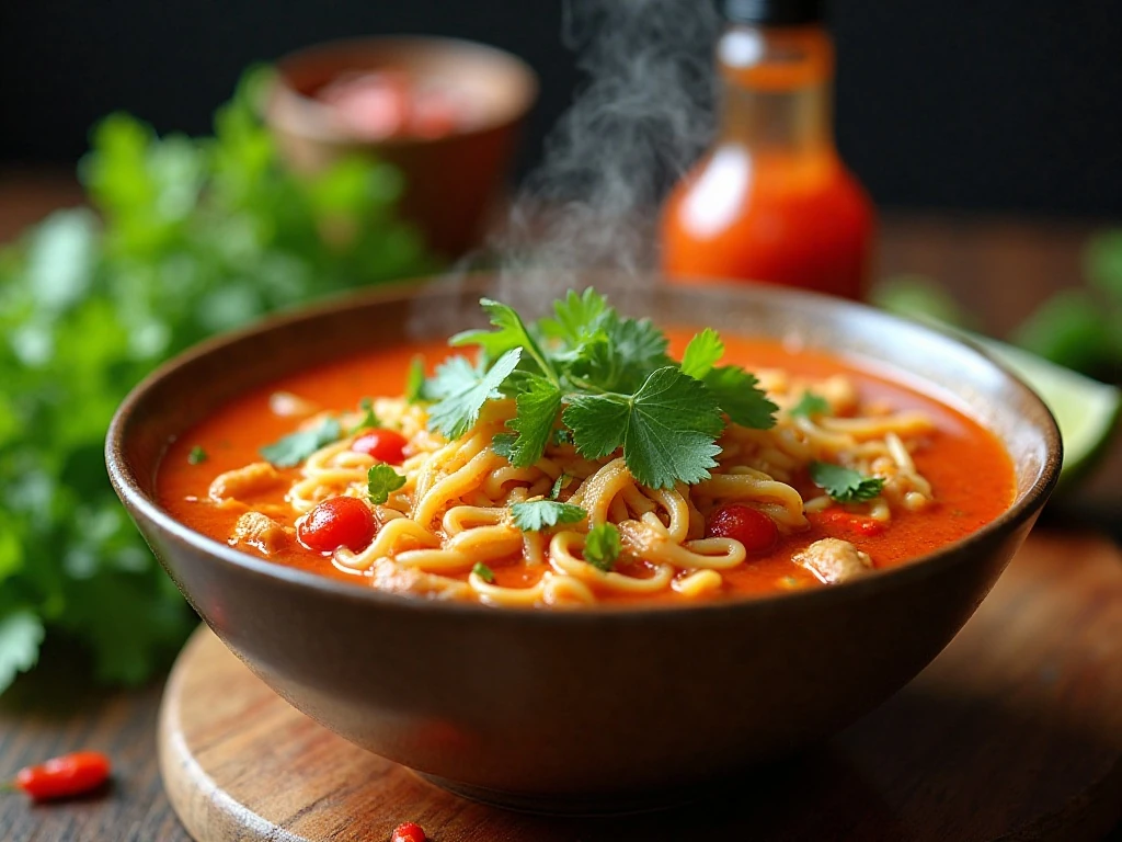 Fresh herbs, lime, and hot sauce garnishing spicy chicken noodle soup