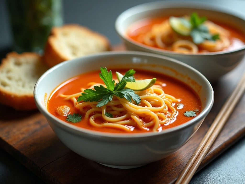 Spicy chicken noodle soup served with fresh herbs, lime, and crusty bread