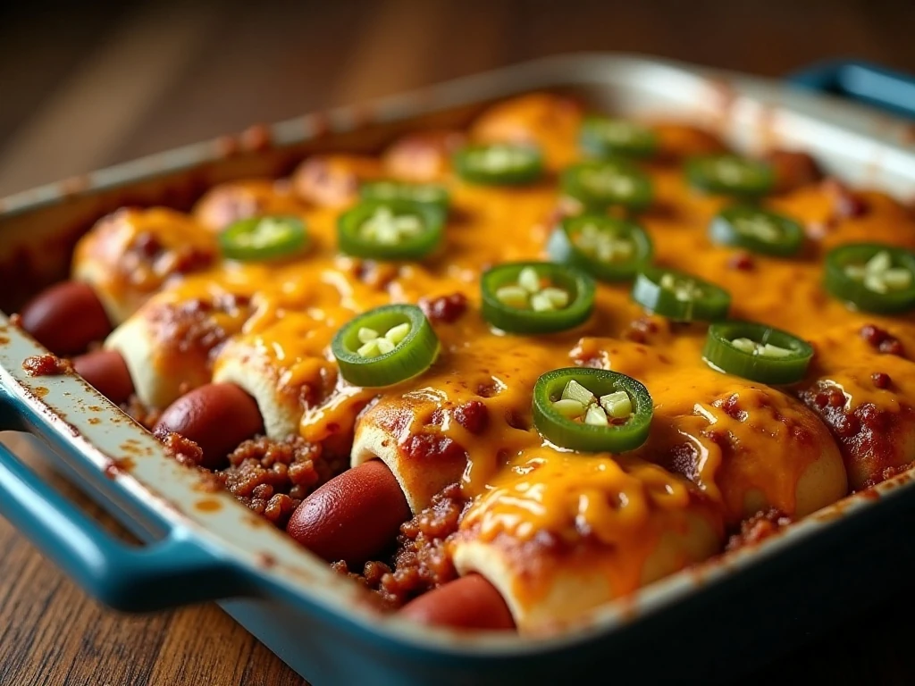 Bubbling spicy chili dog casserole ready for a family dinner