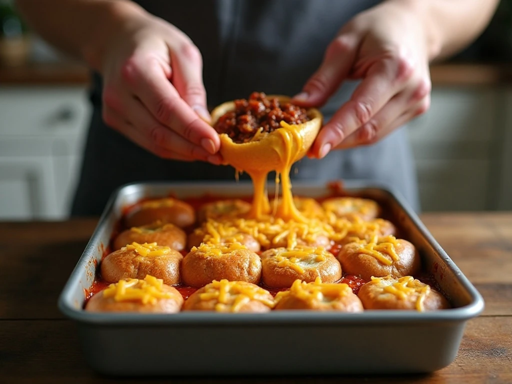 Preparing bun and hot dog pieces for chili dog casserole