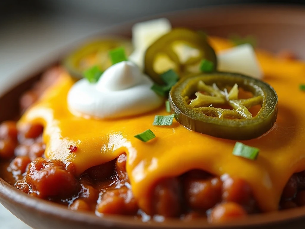 Melted cheese and jalapeño toppings on spicy chili dog casserole