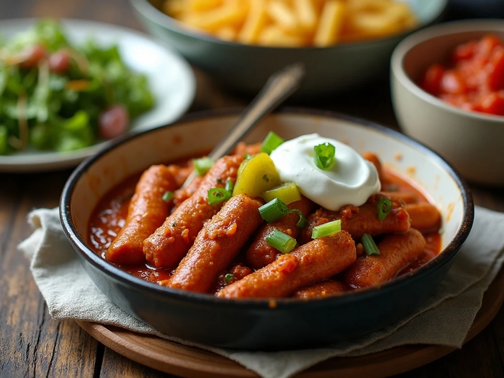 Chili dog casserole served with fresh toppings and salad
