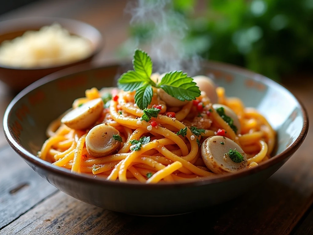 Bowl of spicy clam pasta with garlic, parsley, and red pepper flakes