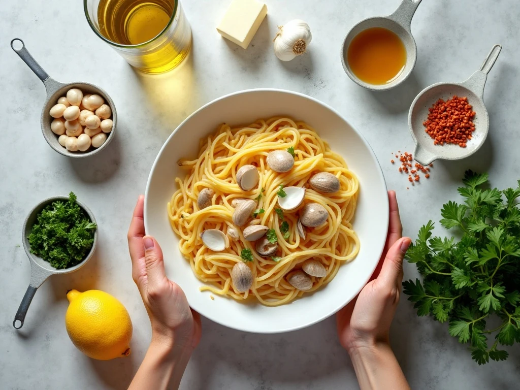 Ingredients for spicy clam pasta arranged in a flat lay