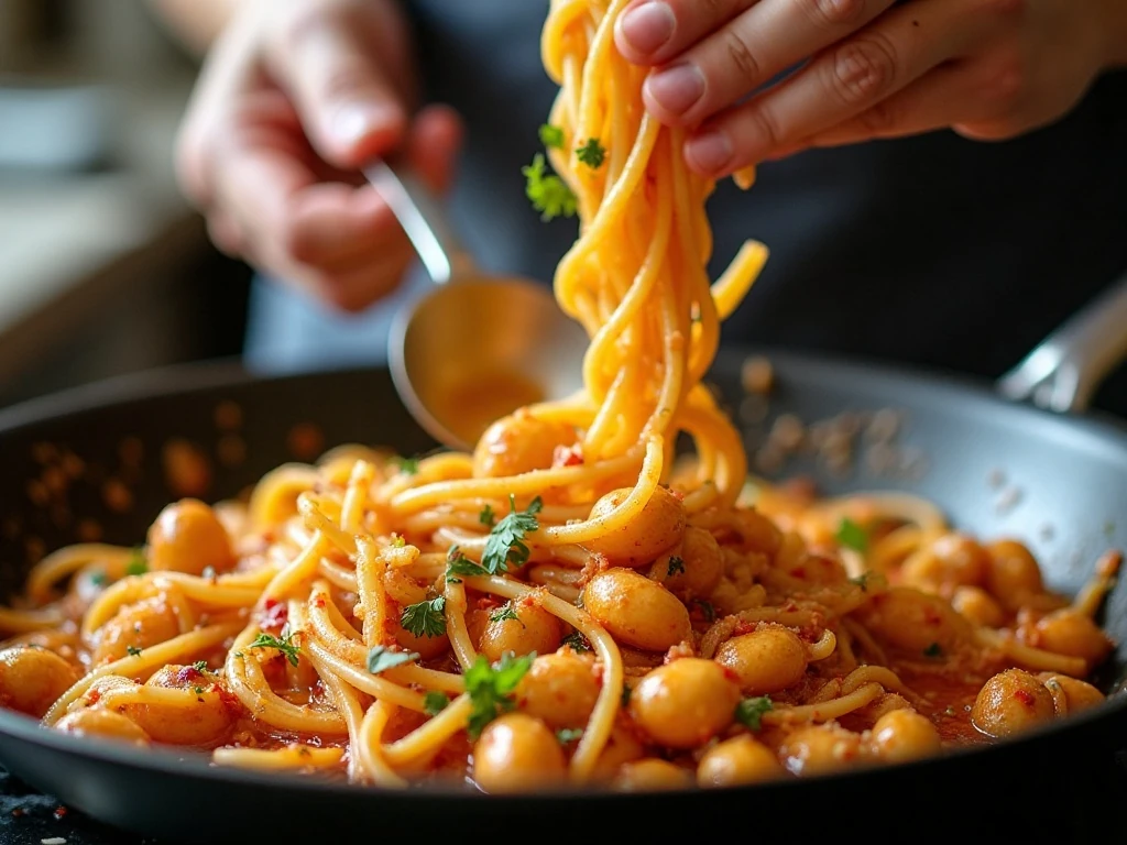 Pasta being tossed with spicy clam sauce in a skillet