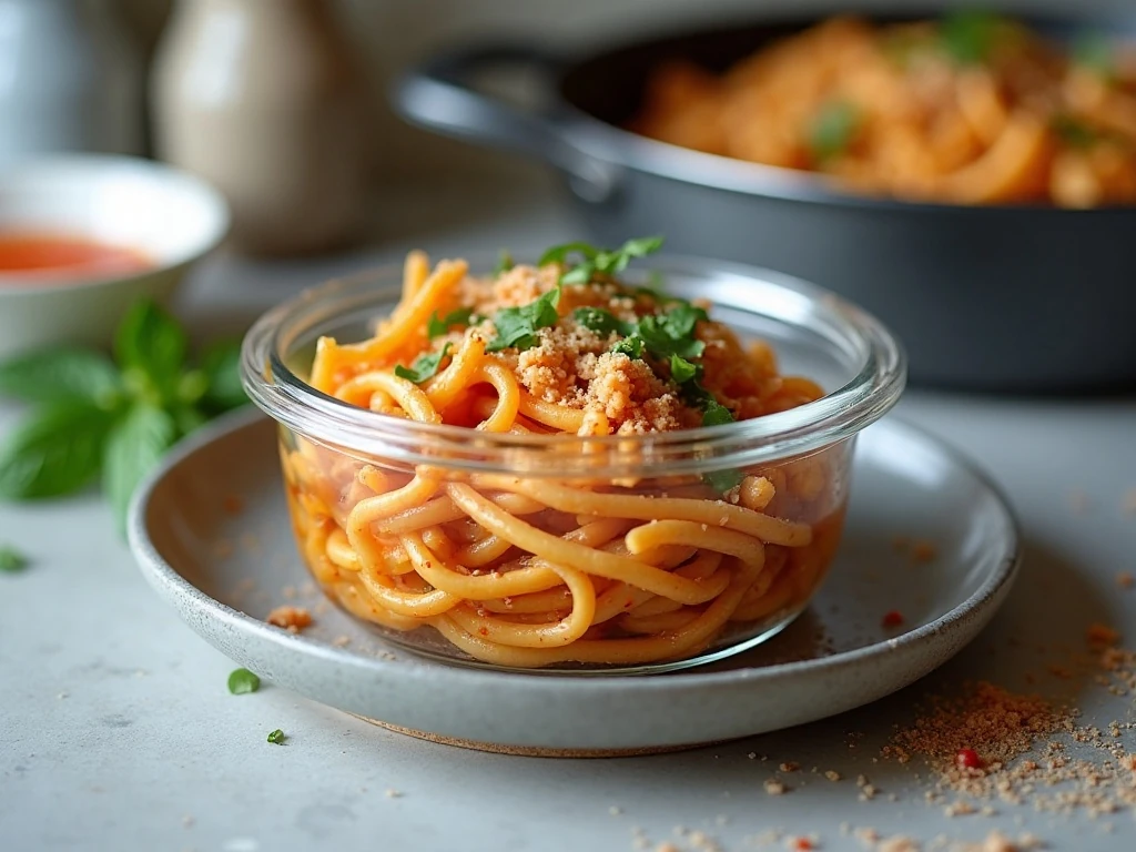 Stored spicy clam pasta ready for gentle reheating