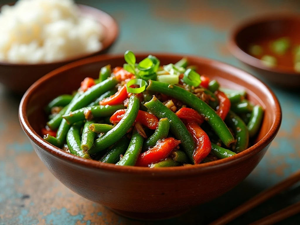 Spicy blistered green bean stir-fry served with rice