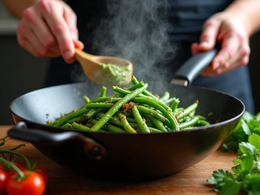 Green beans blistering in a hot wok
