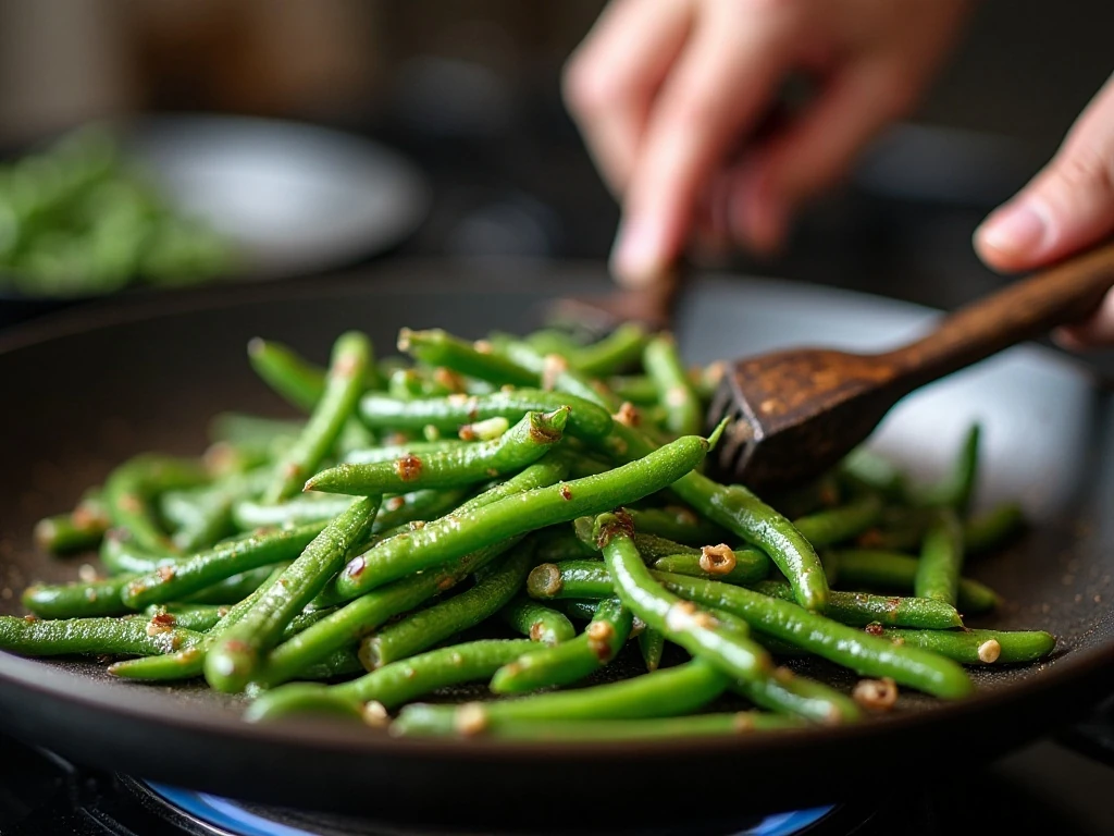 Green beans developing smoky blistered spots in a skillet