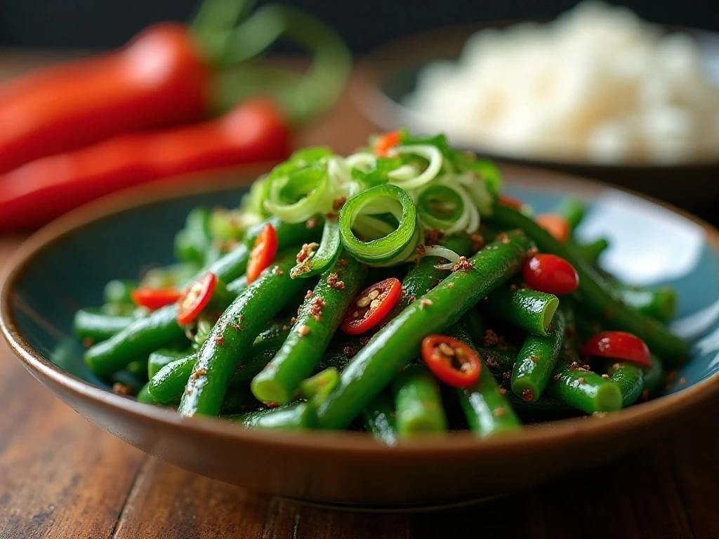 Scallion and chile garnish on spicy green beans