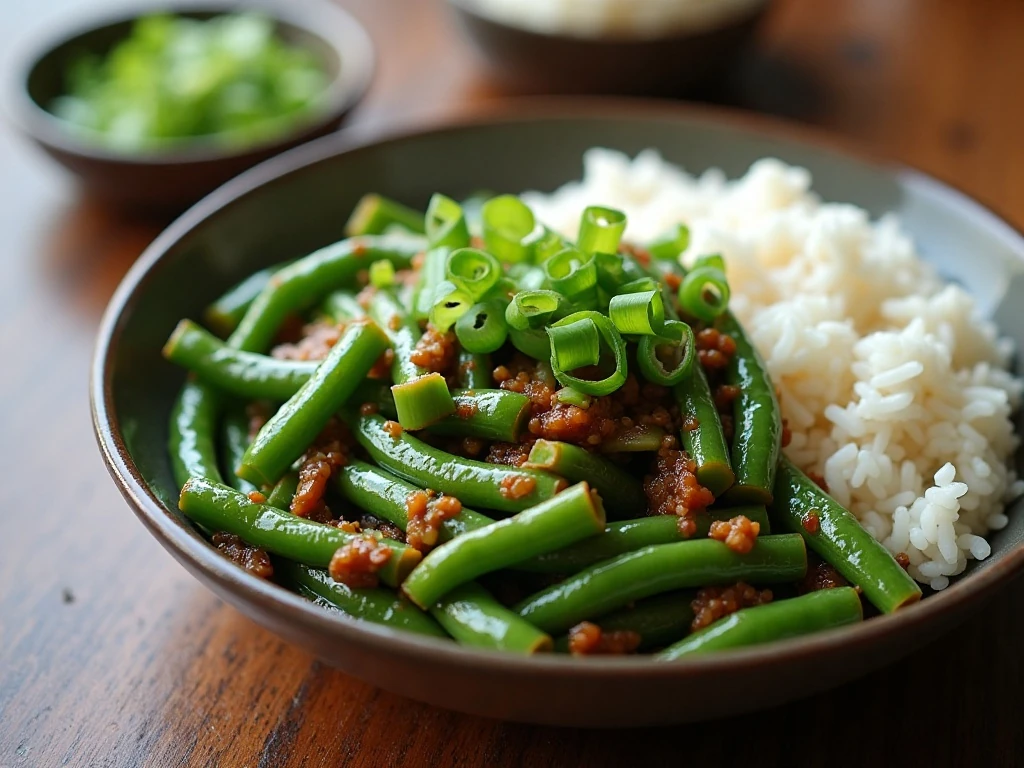 Reheated green bean stir-fry with fresh scallion garnish