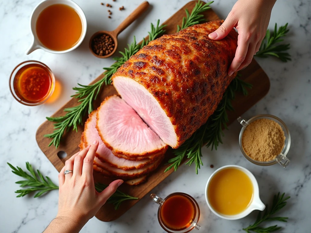 Ingredients for spicy honey glazed ham arranged for preparation
