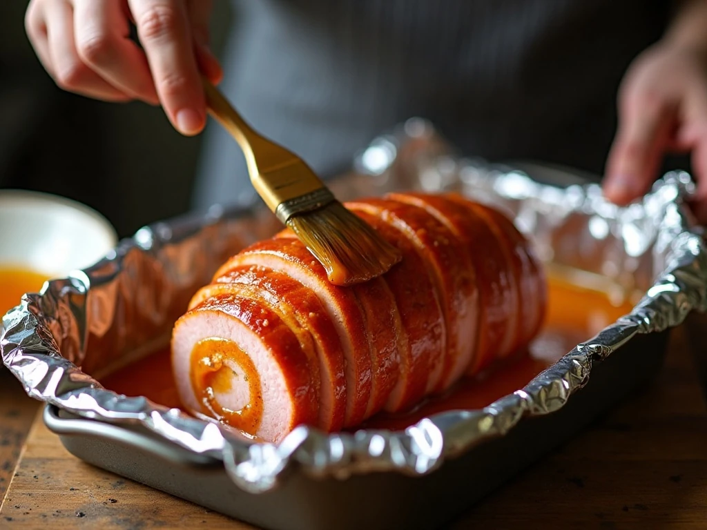 Brushing spicy honey glaze onto a spiral-sliced ham