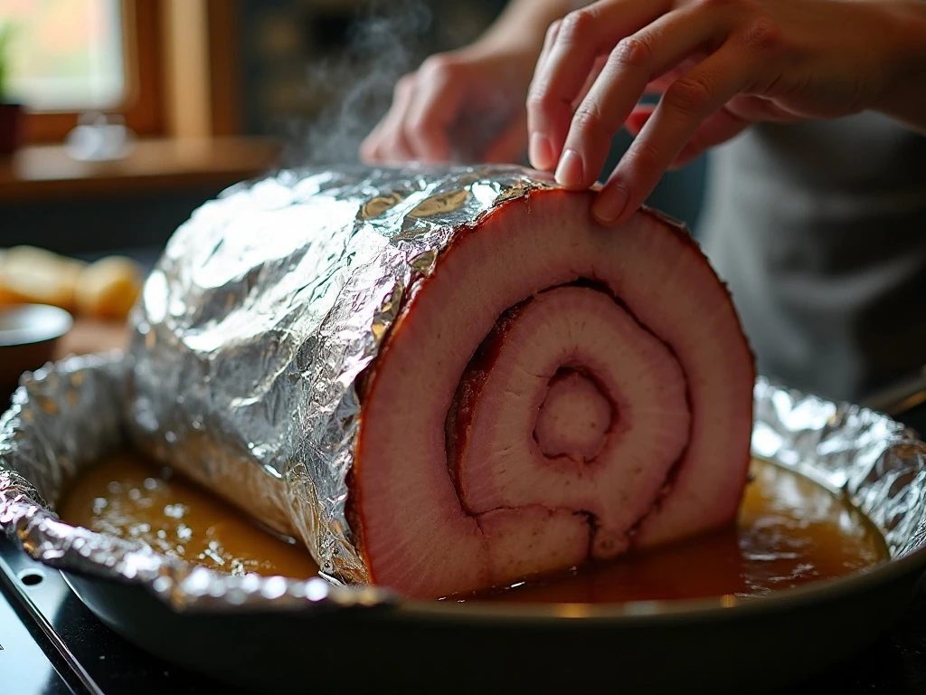 Covered spiral ham reheating with cider in the roasting pan
