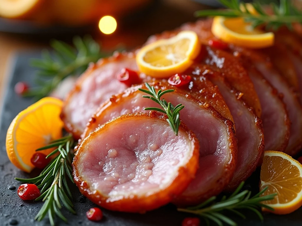Glossy spicy honey glazed ham slices with festive garnish