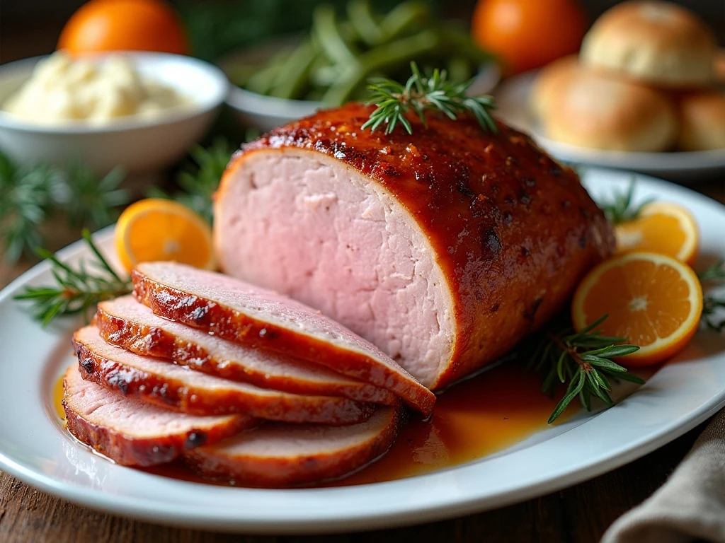 Plated spicy honey glazed ham holiday main course