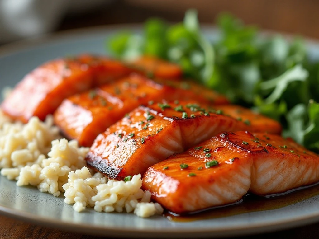 Four spicy honey glazed salmon fillets served with rice and vegetables