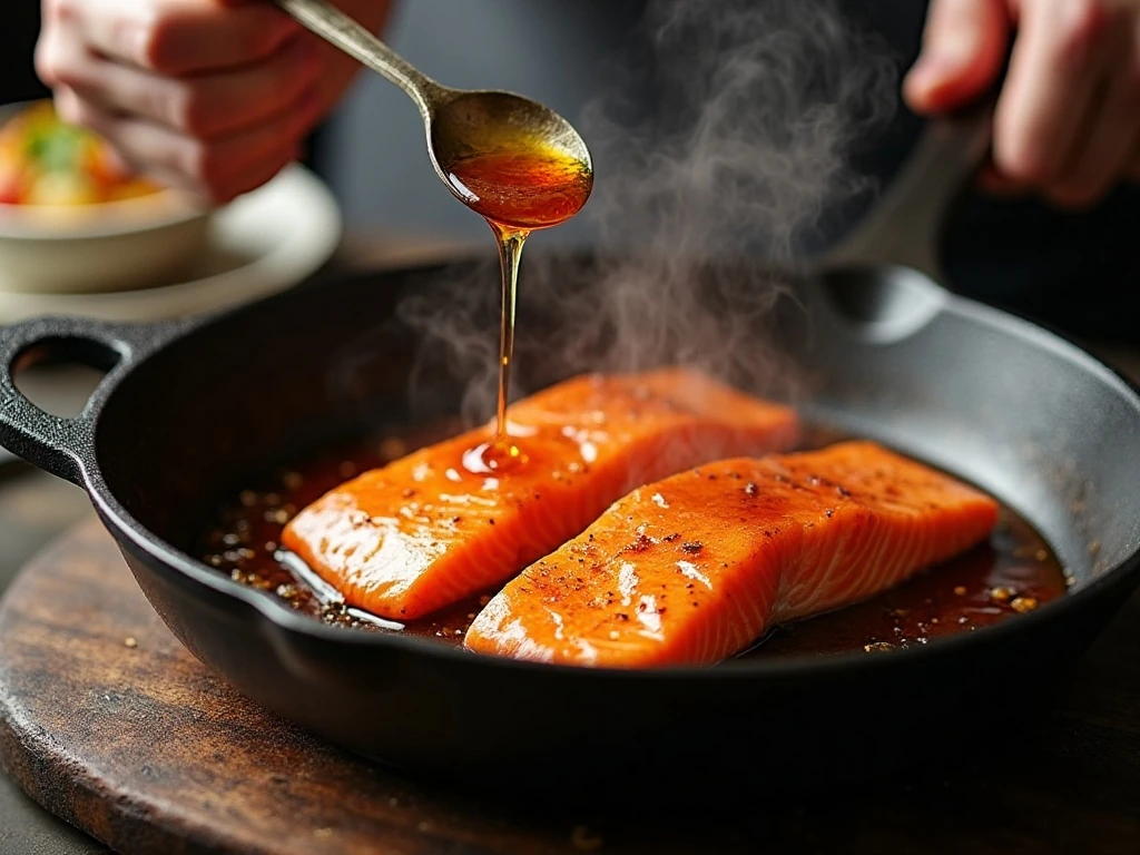 Salmon cooking in a skillet with spicy honey glaze