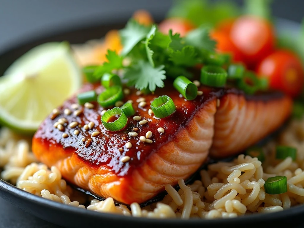 Spicy glazed salmon garnished with green onions sesame seeds cilantro and lime
