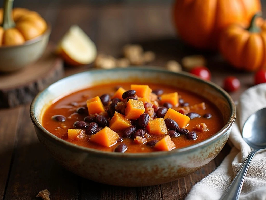 Hearty bowl of spicy pumpkin sweet potato chili
