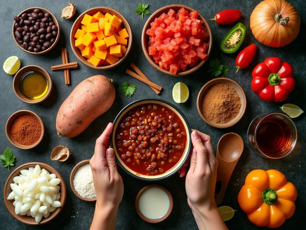 Ingredients for spicy pumpkin sweet potato chili