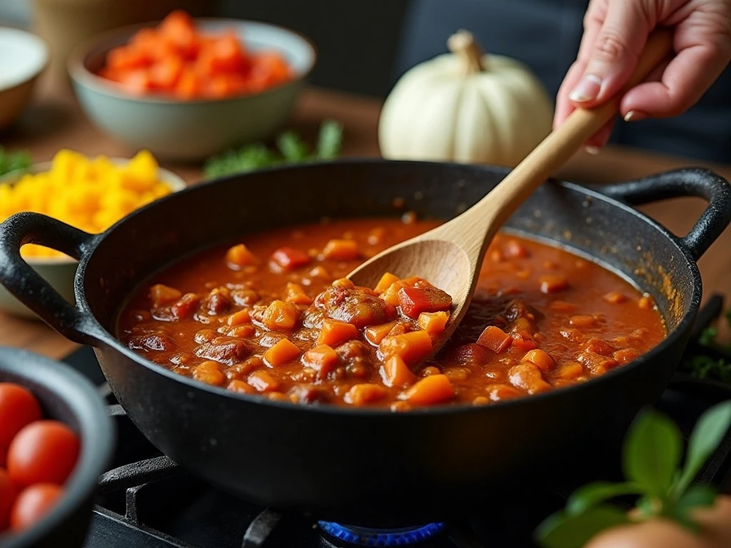 Cooking pumpkin sweet potato chili in a Dutch oven