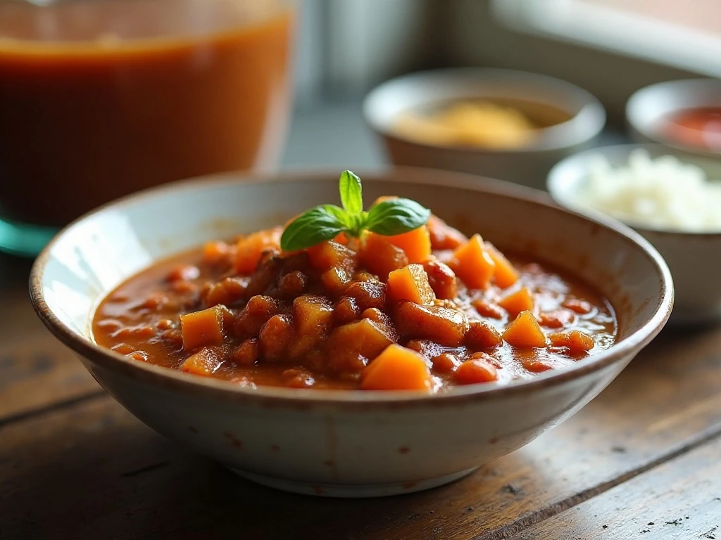 Stored and reheated pumpkin sweet potato chili
