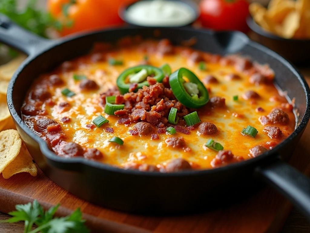 Bubbling low-carb spicy sausage dip with bacon and cheese served with pork rinds and vegetables