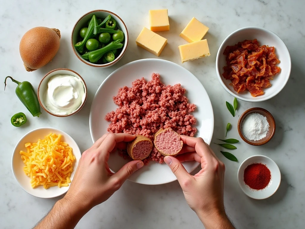 Ingredients for low-carb spicy sausage dip with bacon and cheese