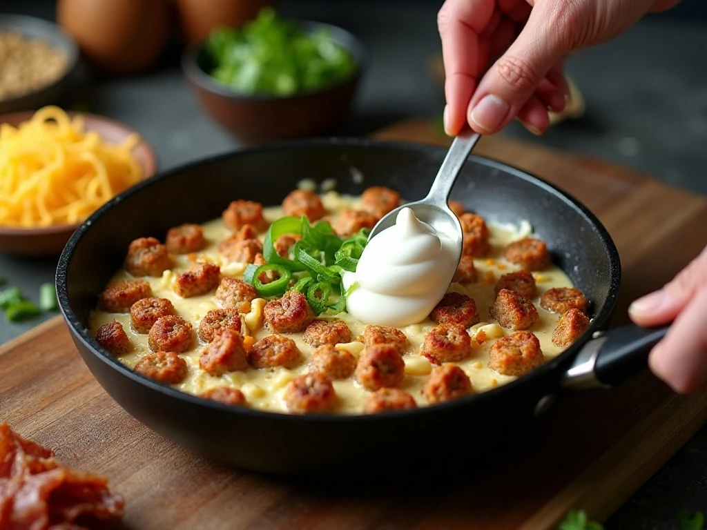 Sausage and cream cheese mixture being prepared for a hot dip