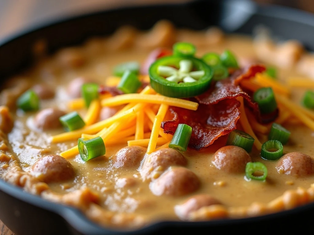 Close-up of cheesy sausage dip topped with bacon, green onion, and jalapeño