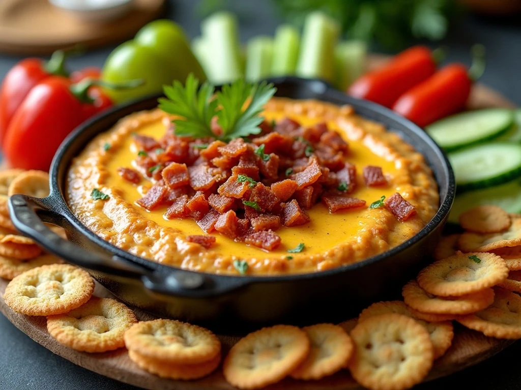Low-carb sausage dip platter with vegetables, pork rinds, and crackers