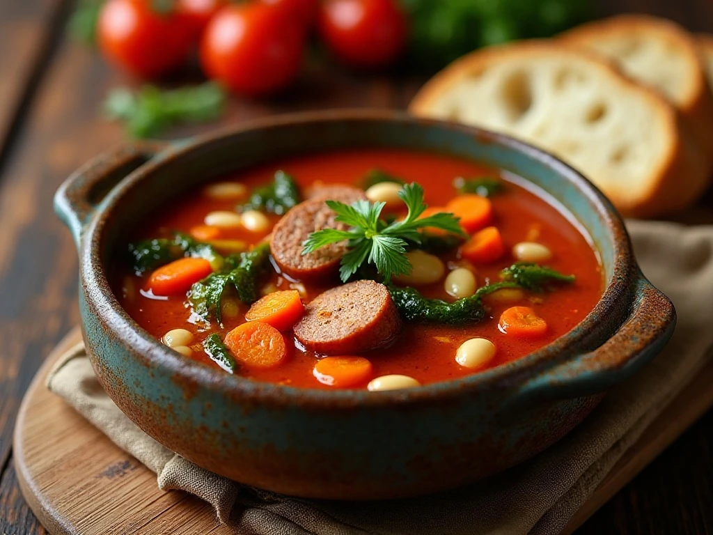 Bowl of spicy sausage and vegetable soup with beans and colorful vegetables