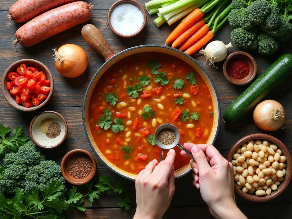 Ingredients for spicy sausage and vegetable soup arranged for cooking