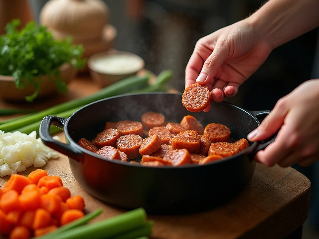 Sausage browning in a Dutch oven for vegetable soup