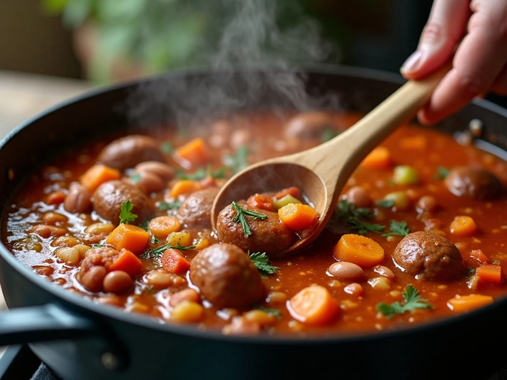 Simmering sausage and vegetable soup in a Dutch oven