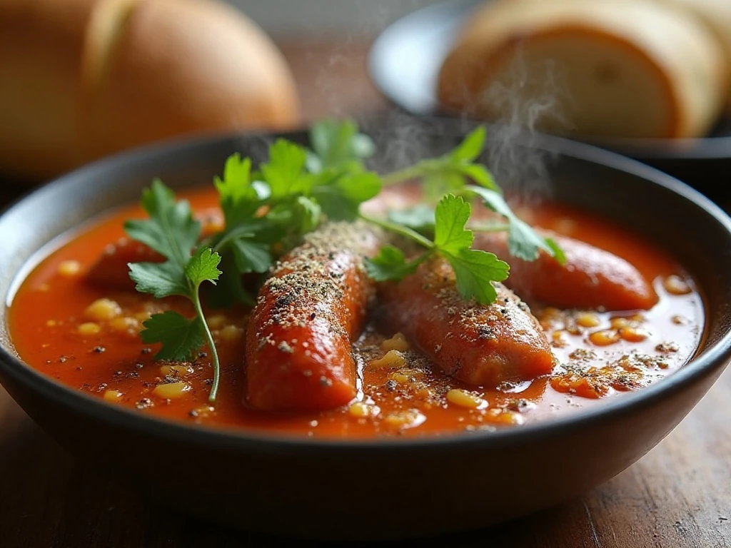 Close-up garnish on a bowl of spicy sausage and vegetable soup