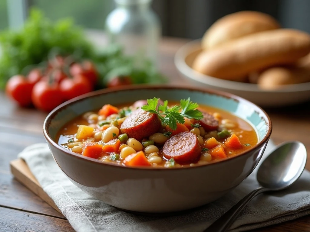 Stored and reheated spicy sausage vegetable soup ready to serve