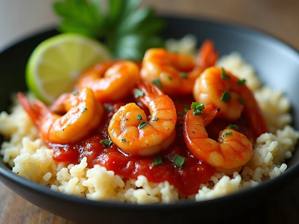 Spicy shrimp over rice in tomato-garlic sauce